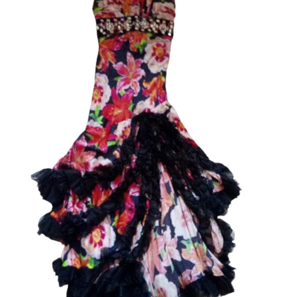 VINTAGE Flamenca Inspired Evening Floral Silk Gown Dress Prom Pageant Size 6 - Picture 3 of 9